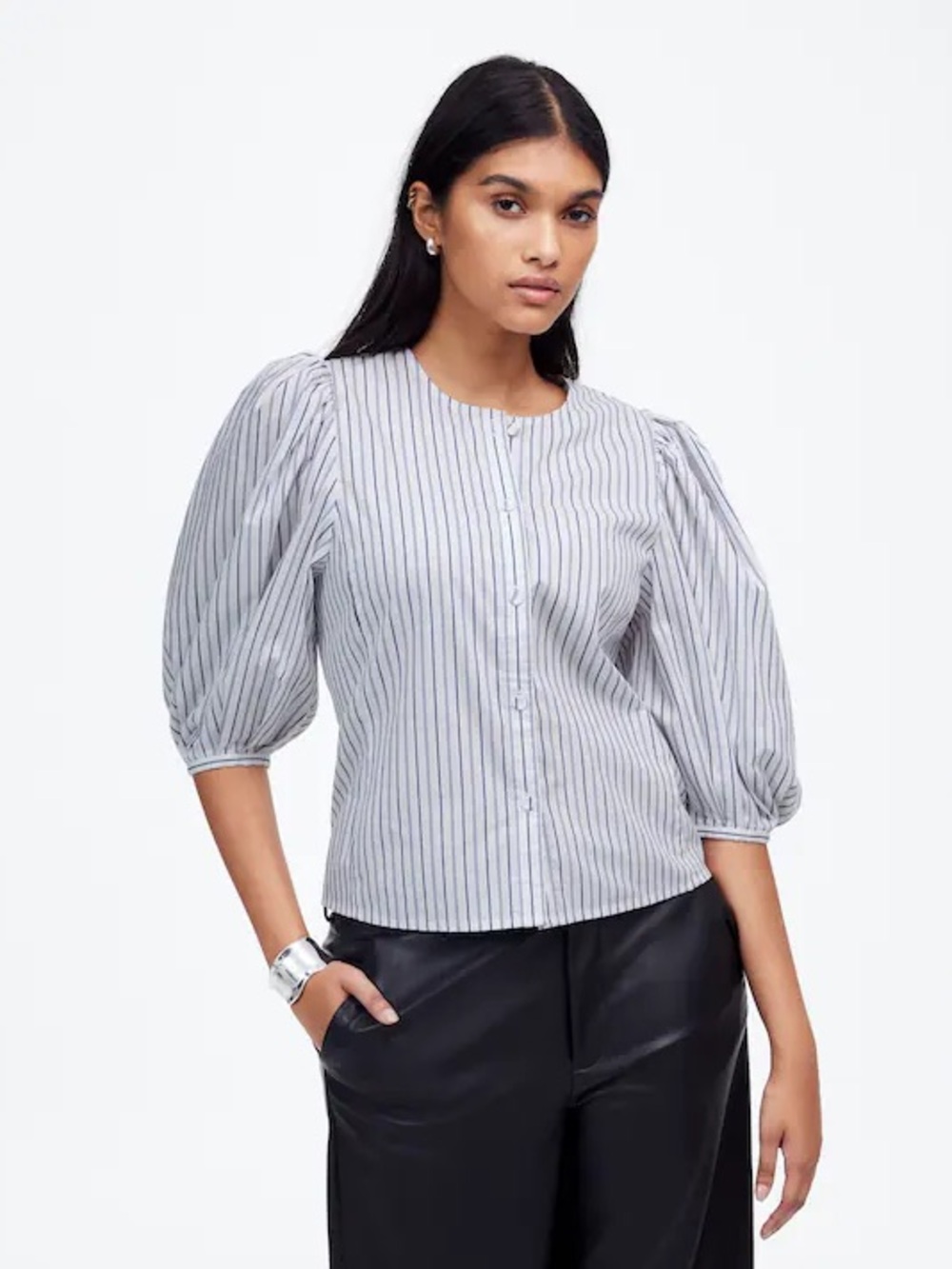 Madewell white and navy striped blouse with puff sleeves size 2, Academia Office